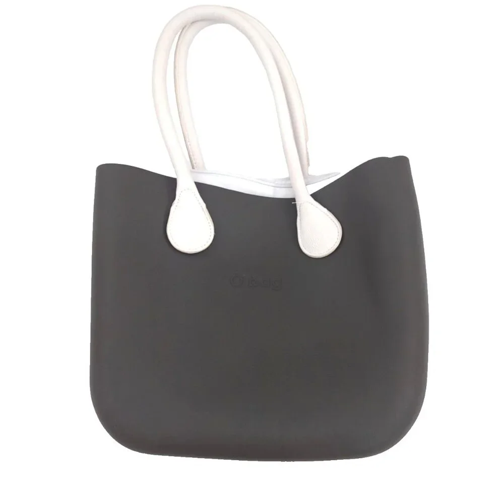 O‎ BAG Womens Shoulder Tote Purse Gray & White Rubber Removable Canvas Insert